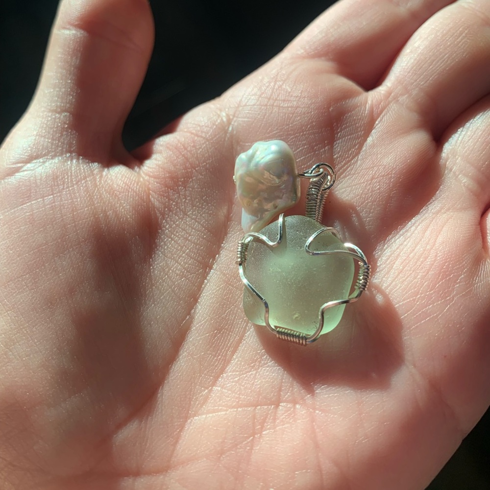 Handmade Seaglass and Baroque Pearl Pendant